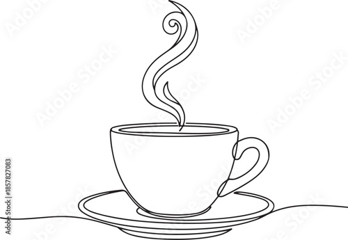 A hot cup of coffee with steam and a saucer is a brown caffeine beverage illustration featuring a black espresso or cappuccino mocha design symbol for a cafe restaurant breakfast icon