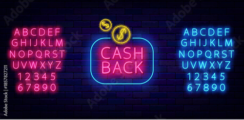 Cash back neon label with coins. Retail special offer. Gift for buying. Money refund. Shiny sign. Glowing pink and blue alphabet. Light banner design. Editable stroke. Vector stock illustration