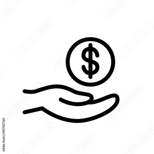Dollar coin in hand outline icon. Save and keeping. USA money. Economy chart. Finance banking. Editable stroke. Vector stock illustration