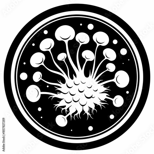 Title: Abstract of a virus particle with a round body and multiple protruding spikes in black and