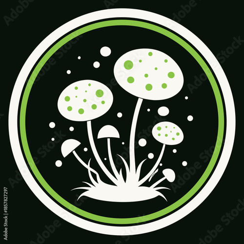 Title: A group of stylized mushrooms with green spots on white caps growing from grassy base in a
