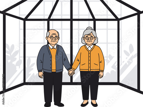 An elderly couple holds hands, framed by a modern greenhouse. A heartwarming image of love and longevity.  Clean lines, soft colors, and a peaceful atmosphere.