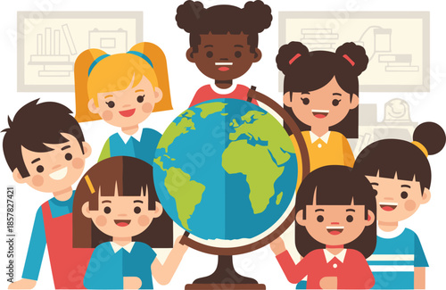 Diverse children hold a globe, symbolizing unity and global citizenship. A cheerful, inclusive illustration perfect for educational and social campaigns.