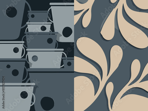 Dual-tone design featuring stacked buckets and stylized leaves. Modern, graphic, and visually striking. Suitable for backgrounds and textures.