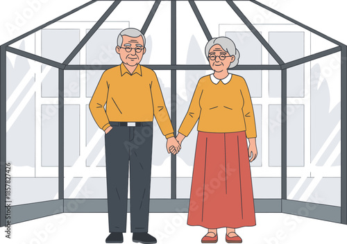 An elderly couple holds hands within a modern glass conservatory. They appear happy and content, symbolizing enduring love. Warm colors and a serene setting.