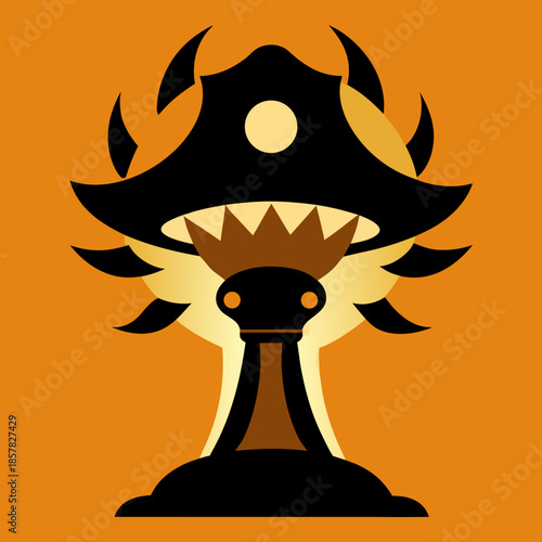 Title: A stylized orange and black mushroom with a toothy mouth and pointed cap on an orange
