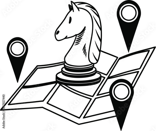 Strategic Navigation: A chess knight piece rests on a folded map with location markers, symbolizing strategic planning, global reach and spatial awareness.