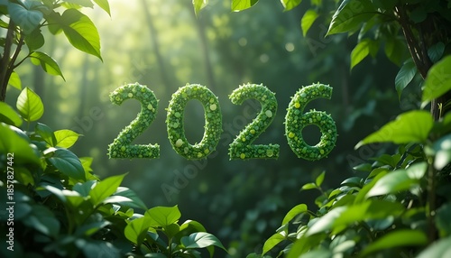 2026 eco future concept, green leaves, sustainable theme, soft daylight”
