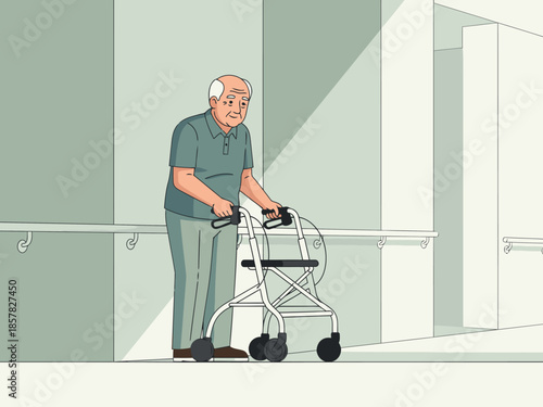An elderly man confidently uses a walker in a hospital hallway.  Warm lighting highlights his determined posture.  A clear, professional image.