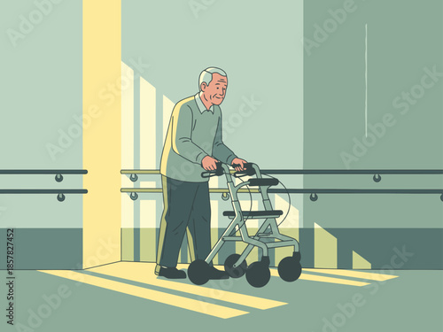 An elderly man confidently walks with a walker in a hospital corridor, bathed in warm light. A serene and hopeful image.