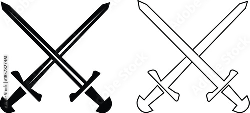 Black sword icon set in flat and line style, crossed blade weapon silhouette featuring medieval combat symbols and fantasy warfare graphic minimal monochrome arms vector pack with synonym elements