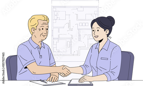 An elderly man and a young professional shake hands, symbolizing future planning. A blueprint is visible in the background, suggesting career guidance. Warm, optimistic scene.