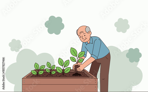 An elderly man lovingly tends to young seedlings in a raised garden bed. A serene and hopeful scene, promoting well-being and nature's healing power.