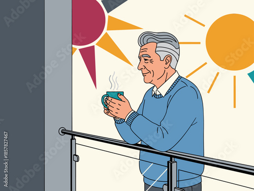 An elderly man enjoys a peaceful moment, sipping tea while gazing at the sun. Warm colors and a relaxed expression evoke serenity and well-being.