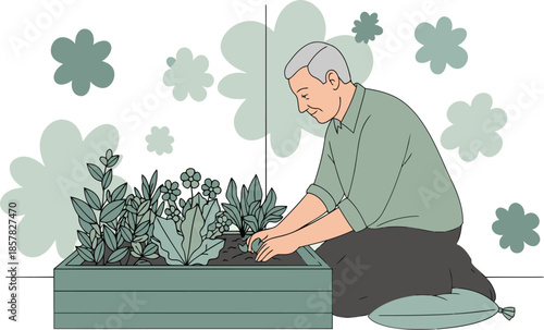 An elderly man lovingly tends to a raised garden bed, fostering a sense of peace and connection with nature. Soft colors and a tranquil scene.