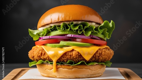 Delectable Burger: A mouthwatering burger creation, featuring a perfectly toasted bun cradling a crispy patty, fresh toppings and melted cheese.