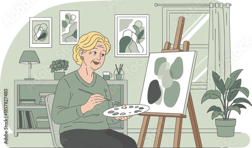 An elderly woman happily paints at an easel in her cozy home studio. She?s focused and smiling, surrounded by art and plants. A vibrant, creative scene.