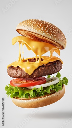 Deconstructed Burger: A visually appealing composition of a deconstructed burger showcases its ingredients in mid-air, a delicious arrangement featuring a juicy patty, melted cheese, fresh vegetables.