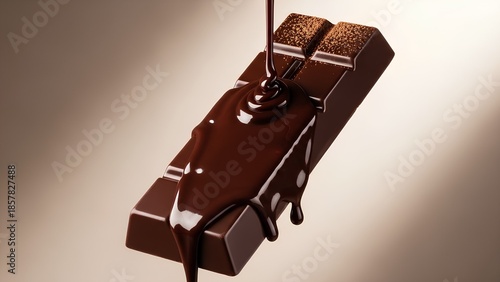 Indulgent Chocolate Bar: A mouthwatering chocolate bar is lavishly coated in a cascade of rich, molten chocolate, creating a delicious visual delight and dessert treat.
