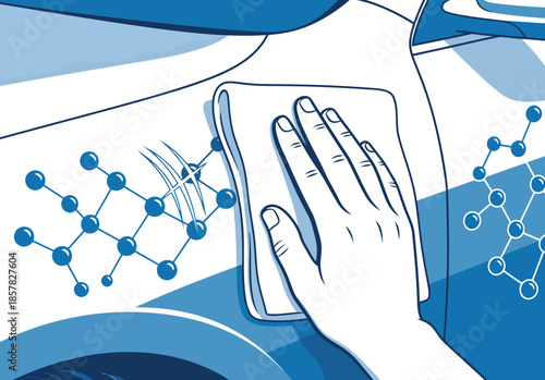 A hand gently cleans a car's surface with a microfiber cloth, showcasing advanced material science. Clean, modern, and detailed.