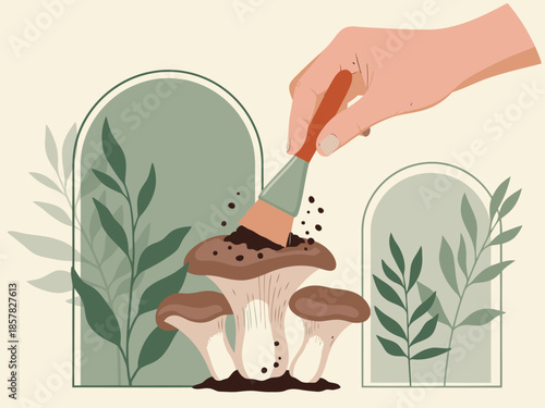 A hand gently nourishes mushroom growth with compost, symbolizing pure organic growth. Modern, minimalist illustration with arched windows and foliage. Soft, earthy tones.