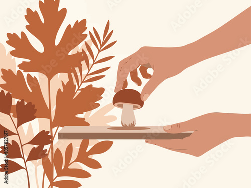 A hand gently picks a mushroom from a wooden tray, evoking a sense of earthy joy and quiet connection with nature. Soft, warm tones create a calming visual.