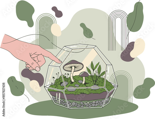 A hand interacts with a terrarium showcasing a mushroom, evoking a connection to nature. Minimalist, earthy tones and a modern aesthetic create a visually appealing composition.