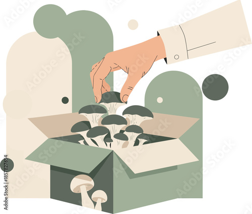 A hand reaches into a box overflowing with mushrooms, symbolizing simple organic life. Modern, minimalist illustration with soft colors and geometric shapes.
