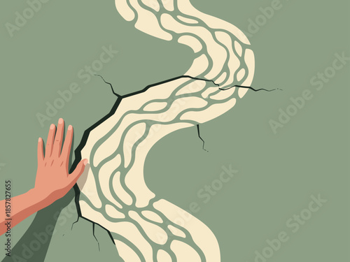 A hand reaches into a fractured wall revealing a flowing, organic form. Represents healing and resilience. Dramatic, textured composition.