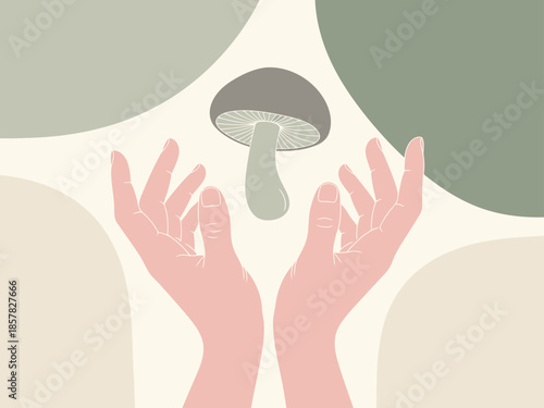 Hands cradle a mushroom amidst abstract shapes. A serene, nature-inspired design with a calming, muted palette. Perfect for wellness, mindfulness, or organic brands.