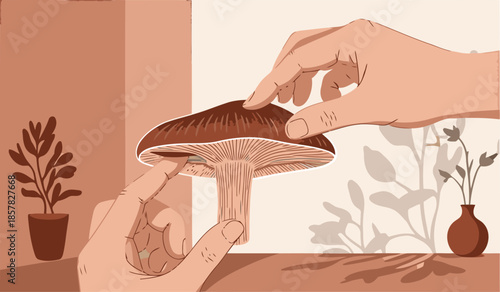 Hands gently touch a mushroom, evoking a tactile connection to nature. Warm tones and a minimalist interior create a serene, inviting scene.