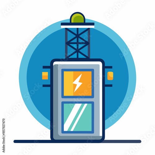 Title: Electrical substation with transformer and power lines on a blue circular background