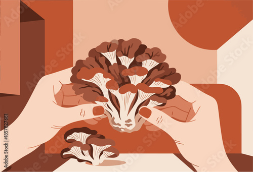 Hands gently harvest a cluster of brown mushrooms, presented on a neutral surface. A mindful harvest scene, perfect for wellness and lifestyle visuals.
