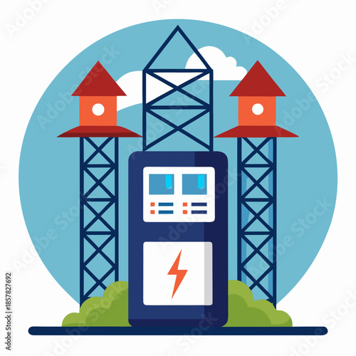Title: Electrical substation with transformers and power lines on a blue circular background with