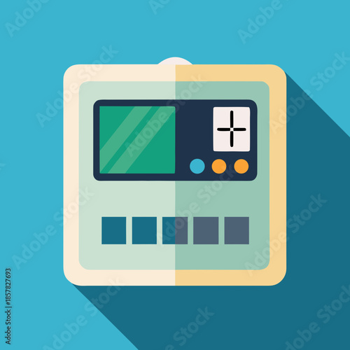 Title: Flat of a modern electronic device with a display screen and control buttons on a blue