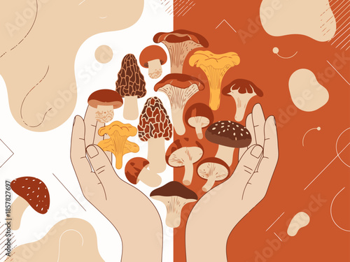 Hands hold a vibrant assortment of wild mushrooms. A warm, earthy palette and detailed illustration create a visually appealing, modern design. Perfect for lifestyle or nature themes.