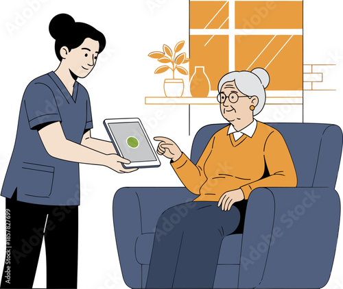 A healthcare professional assists an elderly woman with a tablet, fostering connection and digital inclusion. Warm colors and a comforting setting.