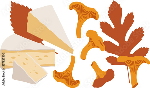 Rustic autumn scene featuring cheese and chanterelle mushrooms. A warm, inviting composition with a focus on natural textures and earthy tones. Ideal for food, nature, or lifestyle themes.