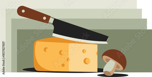 A rustic still life featuring a cheese knife, cheese wedge, and mushroom. Earthy tones and a minimalist style evoke a connection to nature. ?Taste the Earth? text.