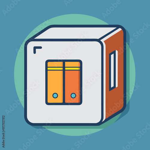 Title: Isometric of a file cabinet with two drawers on a blue background with a green circle