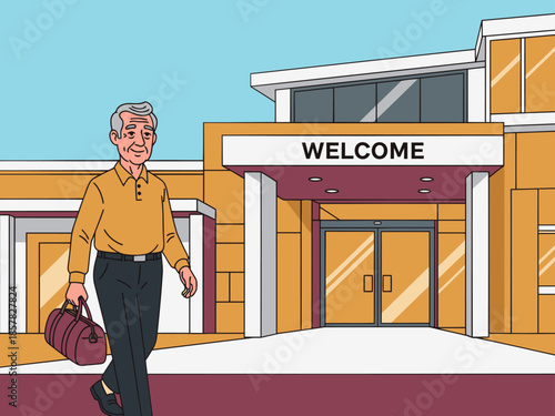A smiling senior man enters a welcoming building. He carries a bag, conveying a sense of arrival and warmth. Clear composition, bright colors.