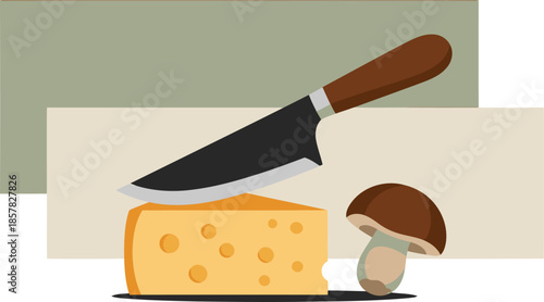 A rustic still life featuring cheese, mushrooms, and a knife. Earthy tones and a minimalist design evoke a sense of natural flavor. Perfect for food, lifestyle, or culinary themes.