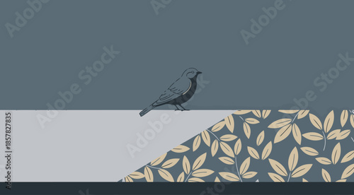 A small bird perches on a textured wall, contrasting with a floral pattern. The design evokes a sense of nature reclaiming space. Clean, modern aesthetic.