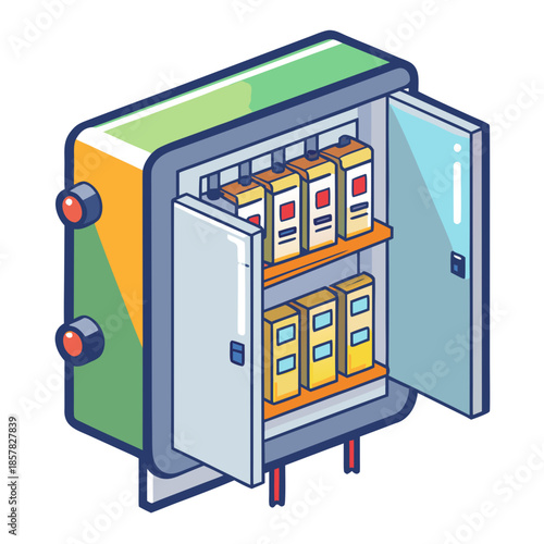 Title: Open electrical panel with internal components and switches on a white background
