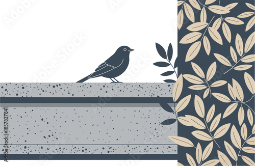 A sleek illustration juxtaposes a bird on a concrete wall with a leafy pattern. Modern, minimalist design evokes nature reclaiming urban space. Suitable for various commercial applications.