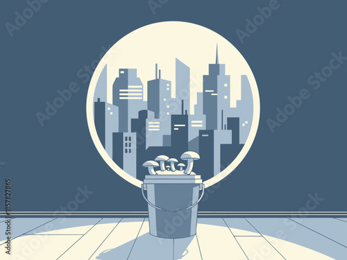 A striking illustration depicts a cityscape framed by a bucket overflowing with mushrooms. A modern, minimalist design with a focus on nature within urban environments.