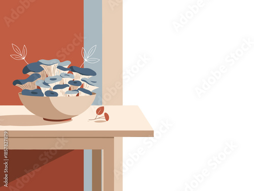 A stylish still life featuring a ceramic bowl of blue oyster mushrooms on a wooden table. Minimalist, modern, and inviting. Perfect for food, lifestyle, or design projects.
