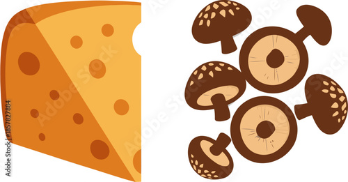 A stylish composition featuring a wedge of cheese and assorted mushrooms, presented with earthy tones and a modern graphic style. Perfect for food, culinary, or lifestyle themes.