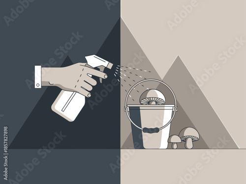 A stylized illustration contrasts a spray bottle with water and a bucket of mushrooms, symbolizing water conservation. Modern, graphic design. Suitable for environmental campaigns.