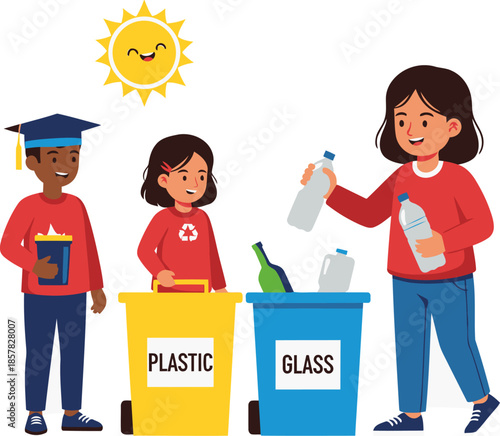Three children and an adult sort recyclable materials ? plastic and glass ? outdoors. A sunny day and educational theme. Bright, cheerful illustration.